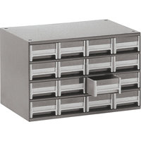 Modular Parts Cabinets, Steel, 16 Drawers, 17" x 10-9/16" x 2-1/8", Grey Distribution Élite MP