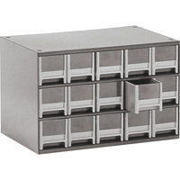 Modular Parts Cabinets, Steel, 15 Drawers, 17" x 10-9/16" x 3-1/16", Grey Distribution Élite MP