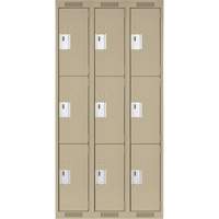 Clean Line Lockers, 3 -tier, Bank of 3, 36" x 18" x 72", Steel, Beige, Rivet (Assembled) Distribution Élite MP