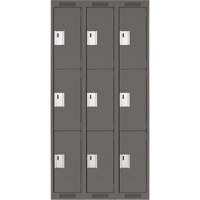 Clean Line Lockers, 3 -tier, Bank of 3, 36" x 18" x 72", Steel, Charcoal, Rivet (Assembled) Distribution Élite MP