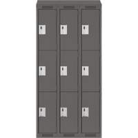 Clean Line Lockers, 3 -tier, Bank of 3, 36" x 18" x 78", Steel, Charcoal, Rivet (Assembled) Distribution Élite MP