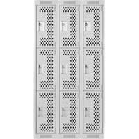 Clean Line Lockers, 3 -tier, Bank of 3, 36" x 12" x 72", Steel, Grey, Rivet (Assembled), Perforated Distribution Élite MP