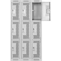 Clean Line Lockers, 3 -tier, Bank of 3, 36" x 12" x 72", Steel, Grey, Rivet (Assembled), Perforated Distribution Élite MP