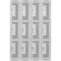 Clean Line Lockers, 3 -tier, Bank of 4, 48" x 12" x 72", Steel, Grey, Rivet (Assembled), Perforated Distribution Élite MP