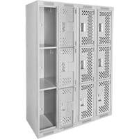 Clean Line Lockers, 3 -tier, Bank of 4, 48" x 12" x 72", Steel, Grey, Rivet (Assembled), Perforated Distribution Élite MP