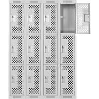 Clean Line Lockers, 3 -tier, Bank of 4, 48" x 12" x 72", Steel, Grey, Rivet (Assembled), Perforated Distribution Élite MP