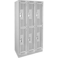 Clean Line Lockers, 2 -tier, Bank of 3, 36" x 15" x 76", Steel, Grey, Rivet (Assembled), Perforated Distribution Élite MP