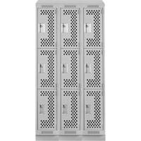 Clean Line Lockers, 3 -tier, Bank of 3, 36" x 18" x 82", Steel, Grey, Rivet (Assembled), Perforated Distribution Élite MP