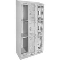 Clean Line Lockers, 3 -tier, Bank of 3, 36" x 18" x 82", Steel, Grey, Rivet (Assembled), Perforated Distribution Élite MP