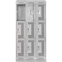 Clean Line Lockers, 3 -tier, Bank of 3, 36" x 18" x 82", Steel, Grey, Rivet (Assembled), Perforated Distribution Élite MP