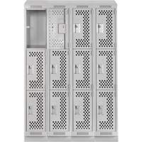 Clean Line Lockers, 3 -tier, Bank of 4, 48" x 18" x 82", Steel, Grey, Rivet (Assembled), Perforated Distribution Élite MP