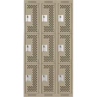 Clean Line Lockers, 3 -tier, Bank of 3, 36" x 12" x 72", Steel, Beige, Rivet (Assembled), Perforated Distribution Élite MP