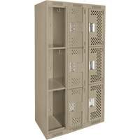Clean Line Lockers, 3 -tier, Bank of 3, 36" x 12" x 72", Steel, Beige, Rivet (Assembled), Perforated Distribution Élite MP