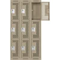 Clean Line Lockers, 3 -tier, Bank of 3, 36" x 12" x 72", Steel, Beige, Rivet (Assembled), Perforated Distribution Élite MP