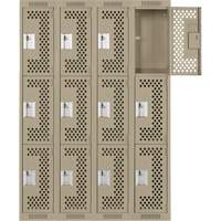 Clean Line Lockers, 3 -tier, Bank of 4, 48" x 12" x 72", Steel, Beige, Rivet (Assembled), Perforated Distribution Élite MP