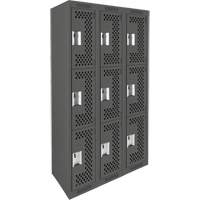 Clean Line Lockers, 3 -tier, Bank of 3, 36" x 12" x 72", Steel, Charcoal, Rivet (Assembled), Perforated Distribution Élite MP