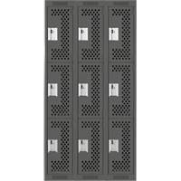 Clean Line Lockers, 3 -tier, Bank of 3, 36" x 12" x 72", Steel, Charcoal, Rivet (Assembled), Perforated Distribution Élite MP