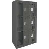 Clean Line Lockers, 3 -tier, Bank of 3, 36" x 12" x 72", Steel, Charcoal, Rivet (Assembled), Perforated Distribution Élite MP