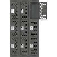 Clean Line Lockers, 3 -tier, Bank of 3, 36" x 12" x 72", Steel, Charcoal, Rivet (Assembled), Perforated Distribution Élite MP