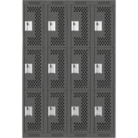 Clean Line Lockers, 3 -tier, Bank of 4, 48" x 12" x 72", Steel, Charcoal, Rivet (Assembled), Perforated Distribution Élite MP