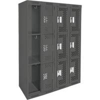 Clean Line Lockers, 3 -tier, Bank of 4, 48" x 12" x 72", Steel, Charcoal, Rivet (Assembled), Perforated Distribution Élite MP