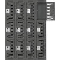 Clean Line Lockers, 3 -tier, Bank of 4, 48" x 12" x 72", Steel, Charcoal, Rivet (Assembled), Perforated Distribution Élite MP