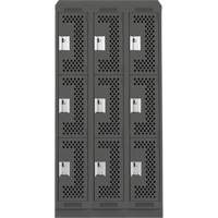 Clean Line Lockers, 3 -tier, Bank of 3, 36" x 18" x 82", Steel, Charcoal, Rivet (Assembled), Perforated Distribution Élite MP