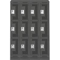 Clean Line Lockers, 3 -tier, Bank of 4, 48" x 18" x 82", Steel, Charcoal, Rivet (Assembled), Perforated Distribution Élite MP