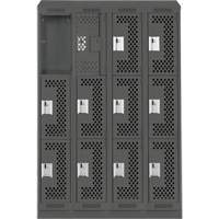 Clean Line Lockers, 3 -tier, Bank of 4, 48" x 18" x 82", Steel, Charcoal, Rivet (Assembled), Perforated Distribution Élite MP