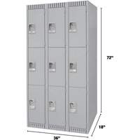 Lockers, 3 -tier, Bank of 3, 36" x 18" x 72", Steel, Grey, Knocked Down Distribution Élite MP