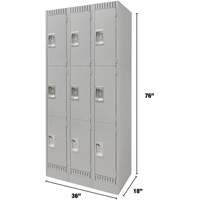 Lockers, 3 -tier, Bank of 3, 36" x 18" x 76", Steel, Grey, Knocked Down Distribution Élite MP